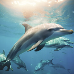 Fototapeta premium dolphin swimming in the ocean by the light of the full moon generative ai 
