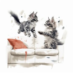 Fototapeta na wymiar two kittens playing on a couch with a red pillow. generative ai
