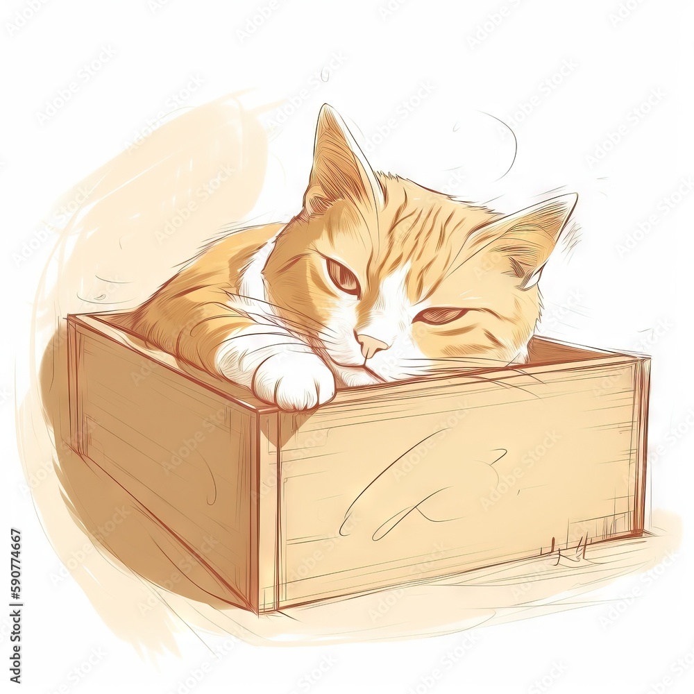 Poster a drawing of a cat laying in a wooden box with its head resting on the top of the box. generative ai