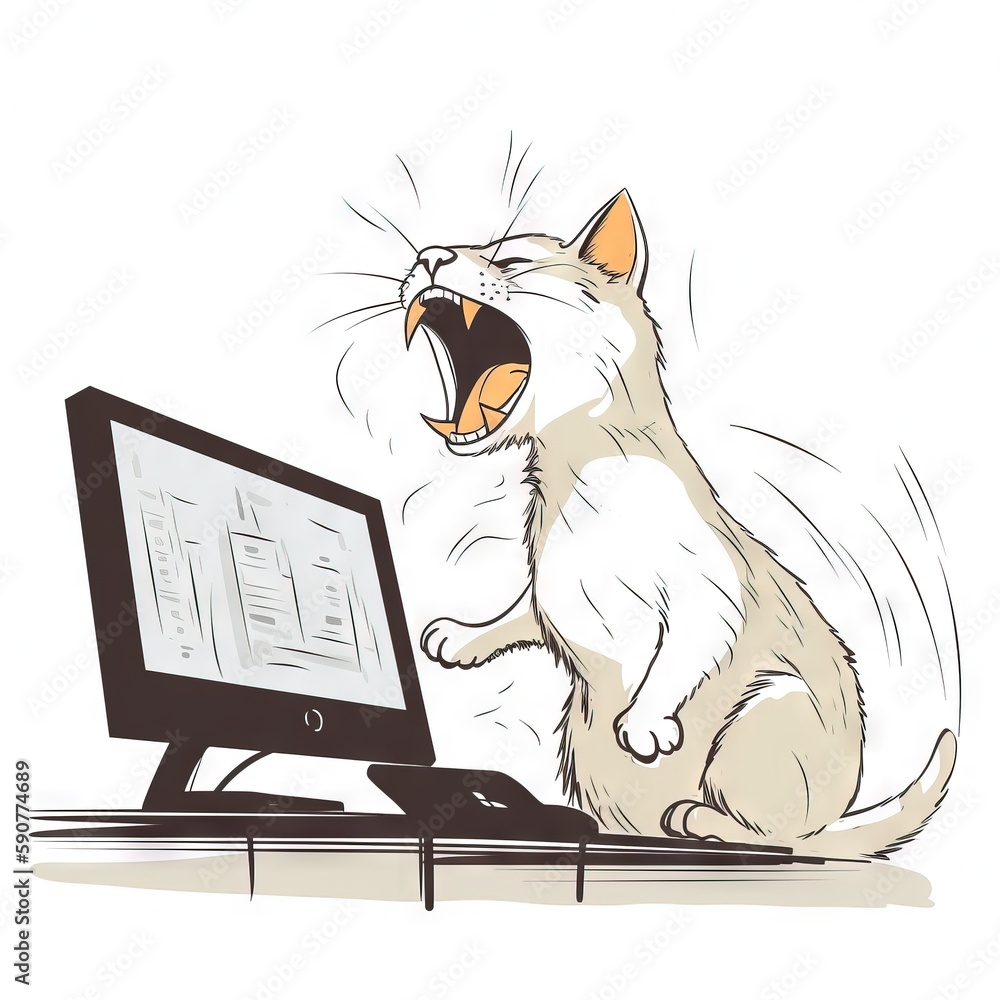 Aufkleber a white cat yawns while sitting in front of a computer. generative ai