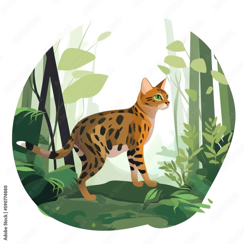 Poster  a cat standing in the middle of a forest filled with trees.  generative ai