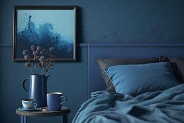 blue color in the premium bedroom and blue navy. Painted mockup wall for art and crimson burgundy color bed photography style, frothed coffee, Generative AI	
