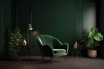 Bright and cozy modern living room interior with green armchair and decoration room on empty dark green wall background, Generative AI	
