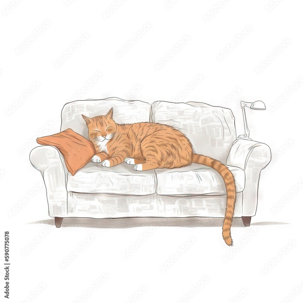 Poster a cat sitting on a couch with a pillow on it. generative ai
