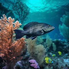 Fototapeta na wymiar grouper under the sea in the caribbean with crystal clear waters 