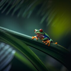 Naklejka premium Agalychnis callidryas red-eyed frog in the jungle on top of a palm leaf generative ai