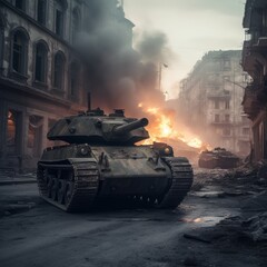 Fototapeta na wymiar army tank in a city razed in a war. Generative AI