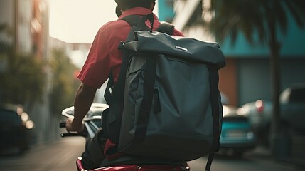 Delivery person on scooter with oversized backpack in the city.
