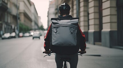Cyclist with large backpack riding on an urban road.