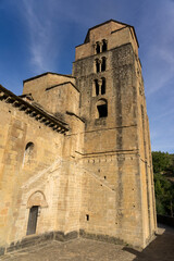 Fototapeta na wymiar Santa Maria romanesque church in the beautiful village of Santa Cruz de la Seros in a sunny day in Huesca, Aragón, Spain.