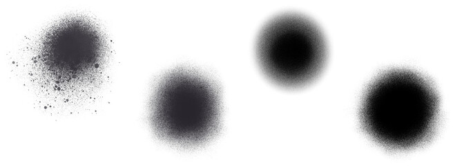 Colección de trazos de spray, trazos reales hechos a mano con formas circulares; texturas con spray, trazos de salpicadura en color negro con fondo transparente elementos aislados 