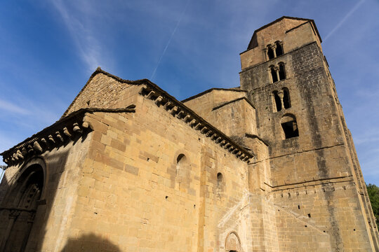 Santa Maria romanesque church in the beautiful village of Santa Cruz de la Seros in a sunny day in Huesca, Arag&oacute;n, Spain.