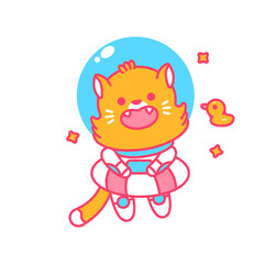 Cute cat cosmonaut in space with lifebuoy vector cartoon character isolated on a white background.