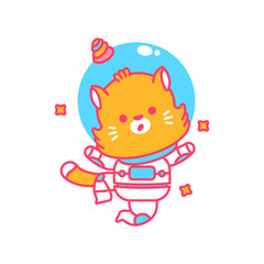 Cute unicorn cat in spacesuit in space vector cartoon character isolated on a white background.