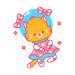 Cute girl cat cosmonaut in space in dress vector cartoon character isolated on a white background.