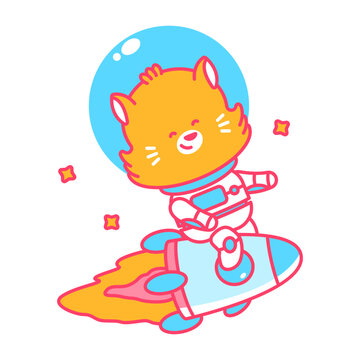 Cute cat cosmonaut in space on rocket vector cartoon character isolated on a white background.