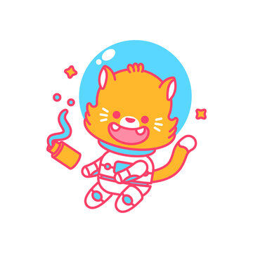 Cute cat cosmonaut in space with food in a tube vector cartoon character isolated on a white background.