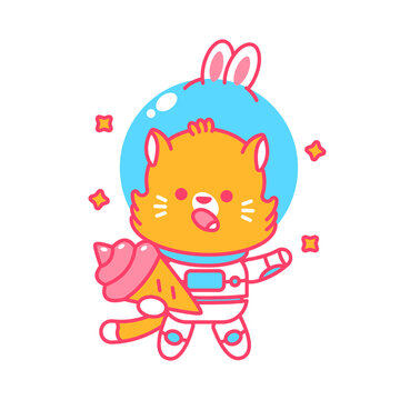 Cute cat cosmonaut in space with ice cream vector cartoon character isolated on a white background.