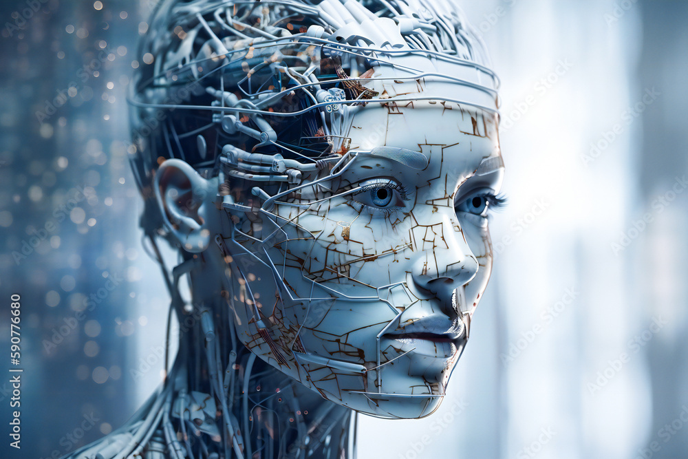Poster illustration of a beautiful female android head. robotic and artificial intelligence concept. create