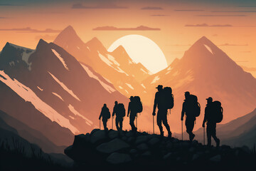 Cartoon illustration of a group of mountaineers with mountains in the background at sunset