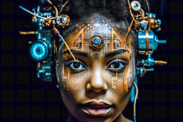 Illustration of an young attractive black woman with circuits and high tech elements. Concept of augmentation and human evolution. Created with Generative AI technology.