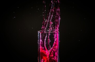 Water splashing out from a glass with an apple in it in isolated on a black background