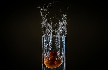 Water splashing out from a glass with an apple in it in isolated on a black background