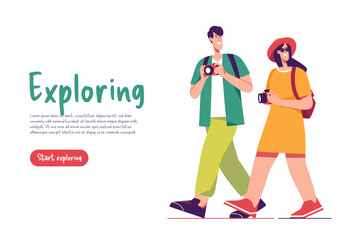 Vector illustration of a couple of walking tourists travelers with backpacks taking photo