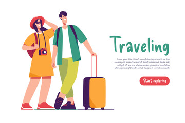 Vector illustration of couple of tourists travelers waiting for a departure