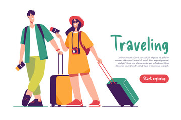 Vector illustration of walking couple of tourists travelers holding passports and suitcases