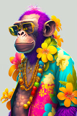 Cool monkey dressed in Hawaiian clothes and sunglasses, nft style, Created with generative AI - obrazy, fototapety, plakaty