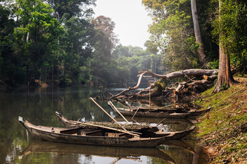 Fototapeta na wymiar Khmer fishing boats on the river in Cambodia
