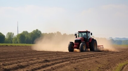 Obraz premium Farm tractor in a field plowing the land. Generative AI