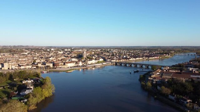 
Panoramic view from the drone on the city of Libourne. Confluence of the Island and the Dordogne. France