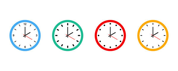 Set of colored time icons. Round wall clock. Watch time. Analog clock.