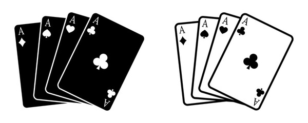 Set of playing card vector icons. Gambling game. Four card. Black outline icons.  - obrazy, fototapety, plakaty