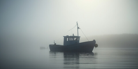 Fototapeta premium Morning Mist on the Ocean: A Fisherboat at Sunrise