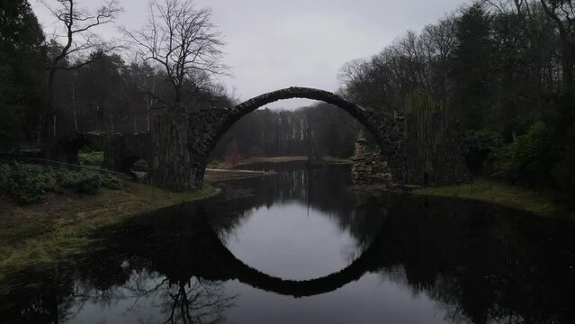 Fly over across the Rakotz Bridge in East Germany