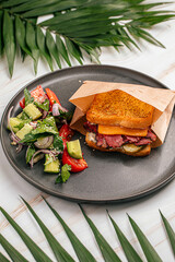 Side view on appetizing pastrami meat sandwich with salad