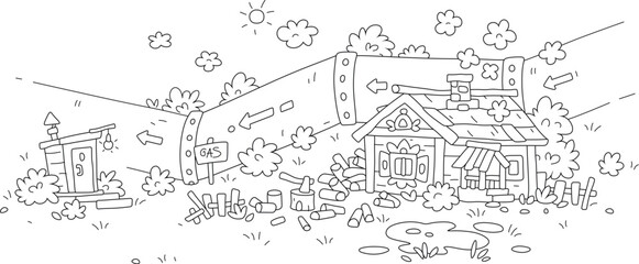 Giant magistral gas pipeline and an old village house with stove heating surrounded by chopped firewood for a long cold winter, black and white outline vector cartoon illustration