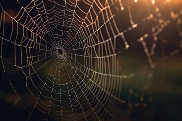 Obraz premium Spiderweb early morning in sunrise, Generative AI