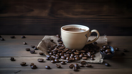 AIgenerated,coffee, cup, drink, bean, cafe, brown, espresso, caffeine, beans, white, breakfast, mug, black, hot, beverage, food, morning, isolated, roasted, saucer, aroma, grain, closeup, cappuccino, 