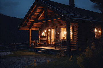 Fototapeta na wymiar Enchanting Nighttime View of a Cozy Wooden Cabin in the Mountains