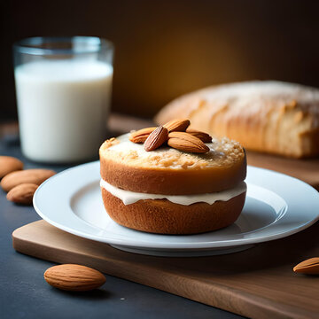 bread with almond on the white plate on the wooden background.