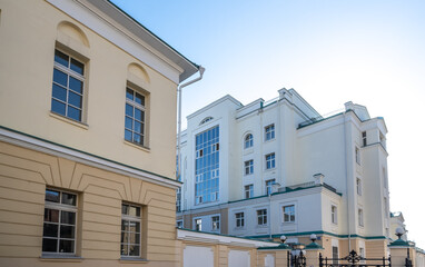 The walls of old buildings in the city center.