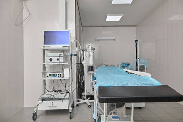 Equipped operating room in the hospital for surgical interventions in the treatment of patients. Sterile intensive care unit is prepared to receive patients