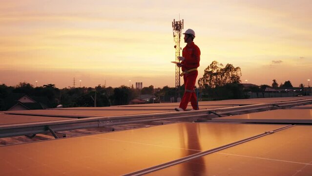 Engineer Asian man checking solar panels with tablet before sunset