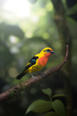 Fototapeta premium Colorful bird perched on a branch in the rainforest