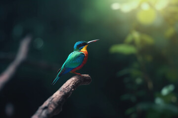 Fototapeta premium Colorful bird perched on a branch in the rainforest
