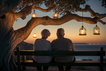 senior couple sitting on a bench in sunset looking at the ocean. generative ai. - obrazy, fototapety, plakaty